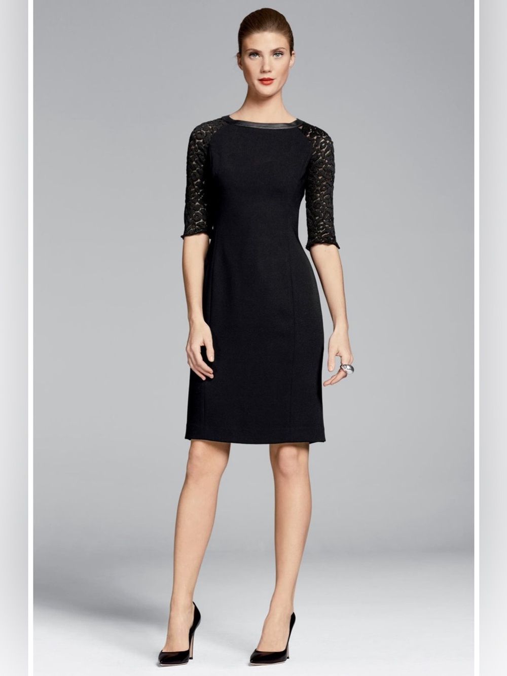 Lafayette 148 Collette Lace Sleeve Leather Combo Sheath Dress Size 16 Black